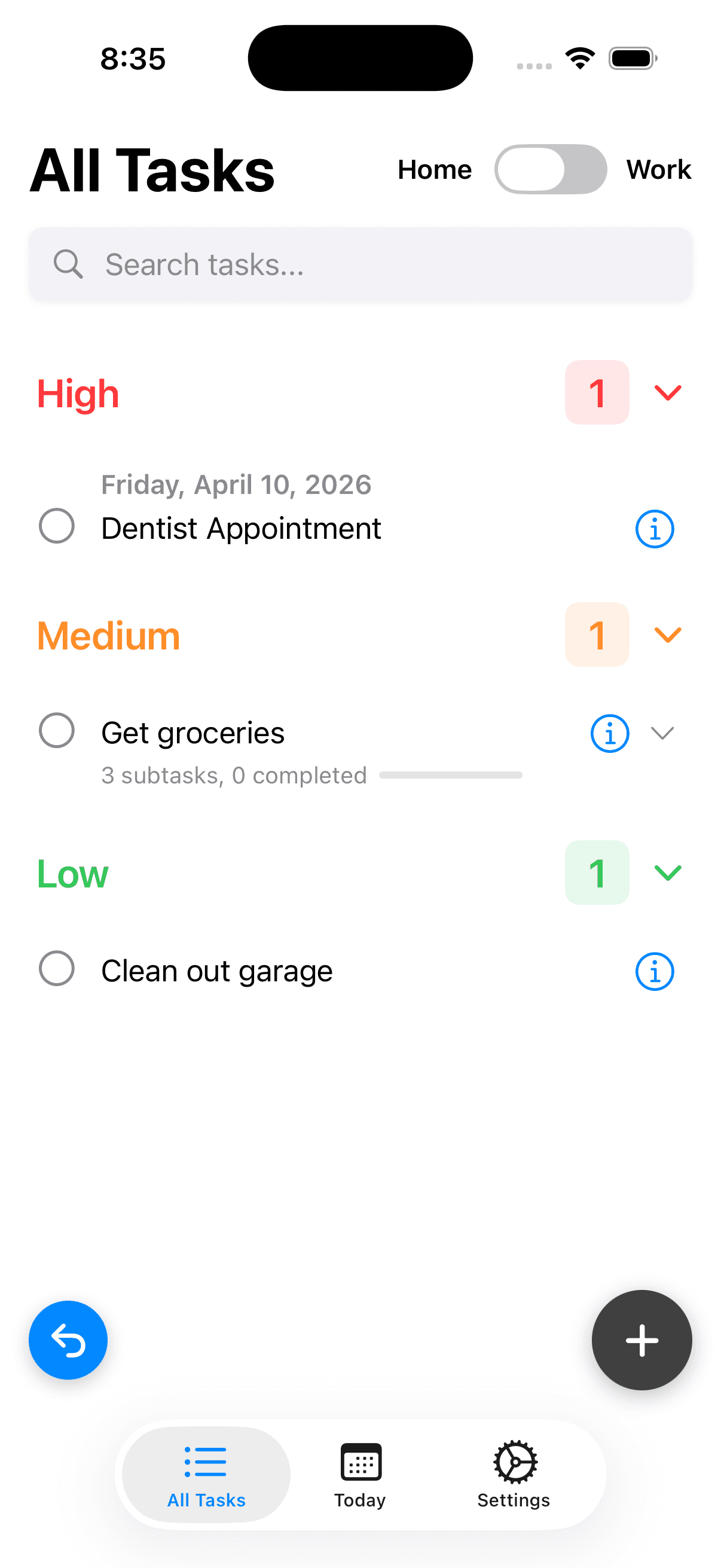 All Tasks screen with High, Medium, and Low priority sections
